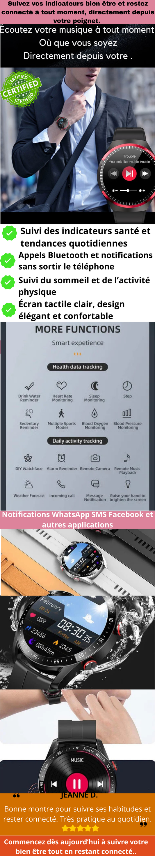 MONTRE INTELLIGENTE SANTÉ AVEC SUIVI BIEN ÊTRE ET APPELS BLUETOOTH